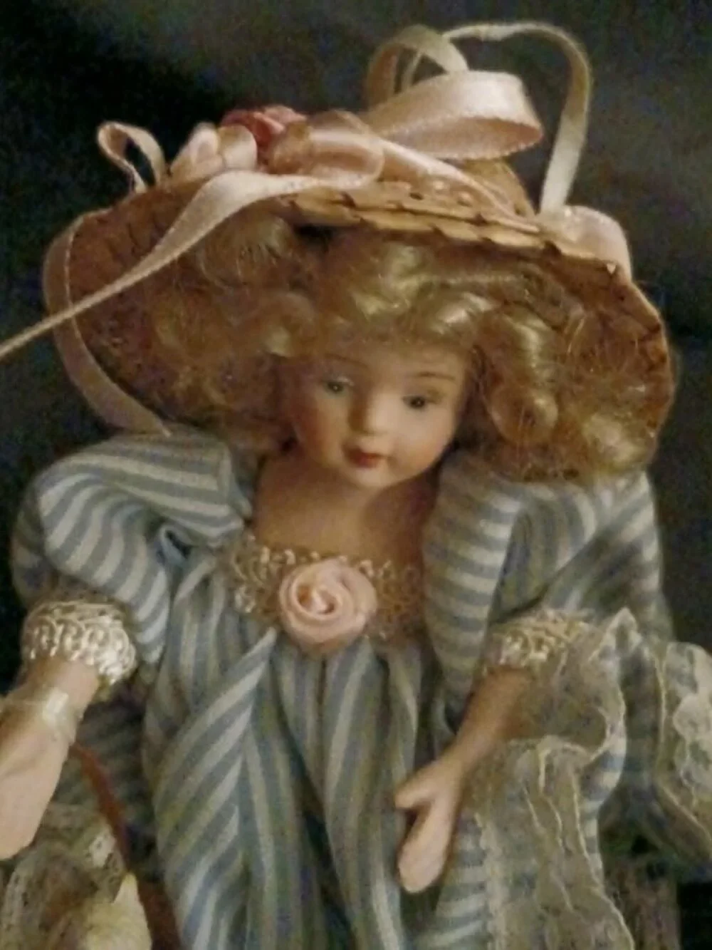 Vintage Jocelyn Mostrom Porcelain Doll With Cat in Basket for Kurt S. Adler Co.